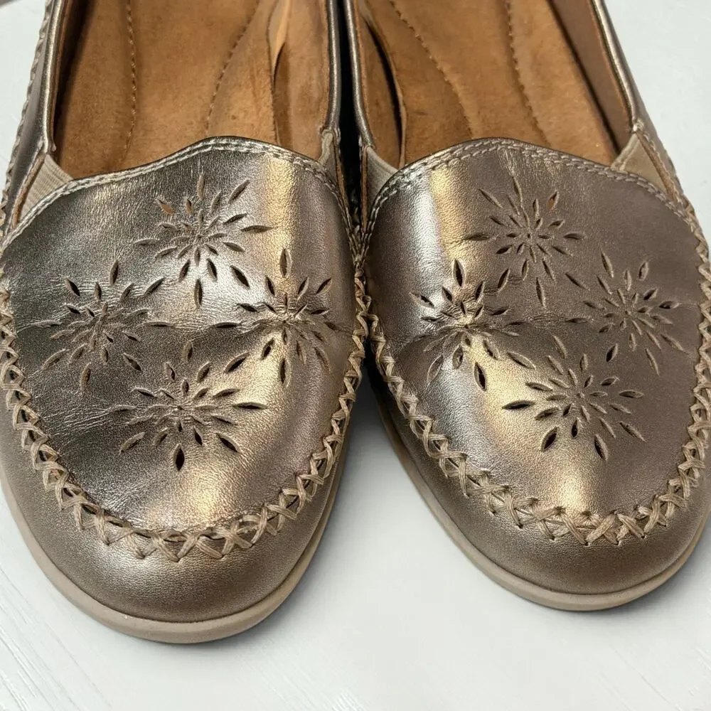Earth Origins Freya Washed Gold Leather Whipstitch Comfort Flats Loafers Sz 6M